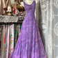 Long Sleeveless Waist-Cinched Purple Printed Ball Gown R7404
