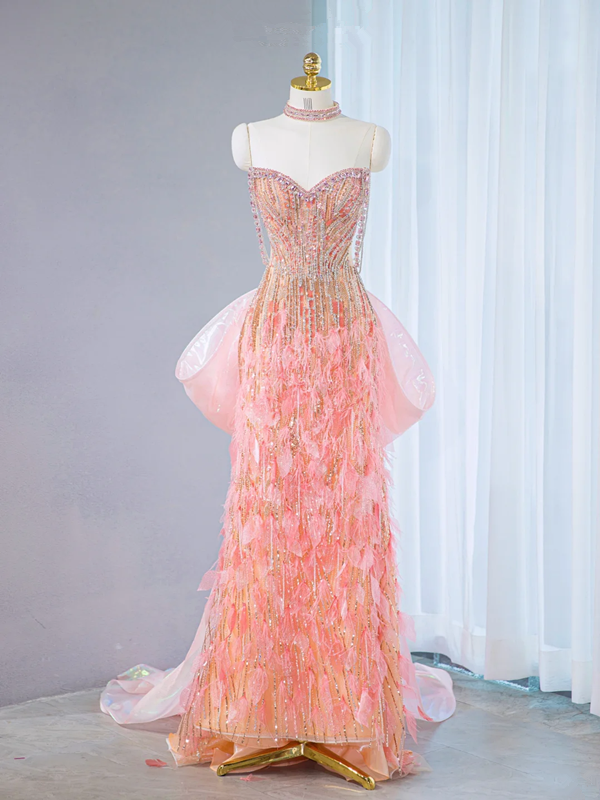 Pink strapless fitted long ball gown, bridal dress R9032