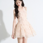 Soft Pastel Pink Halter Neck Lace Dress, Delicate Floral Applique Sleeveless Fit-and-Flare Cocktail Mini Dress R9328