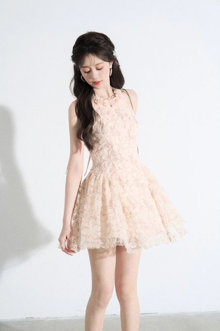 Soft Pastel Pink Halter Neck Lace Dress, Delicate Floral Applique Sleeveless Fit-and-Flare Cocktail Mini Dress R9328