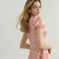 Pink Floral Print Mini Dress Women With Puff Sleeves And Square Neck R9481