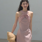 Pink Halter Neck Bow Detail Mini Dress Women Sleeveless Bodycon Dress R9364