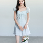 Light Blue Eyelet Embroidery Mini Dress Women With Lace Trim And Bow Detail R9405