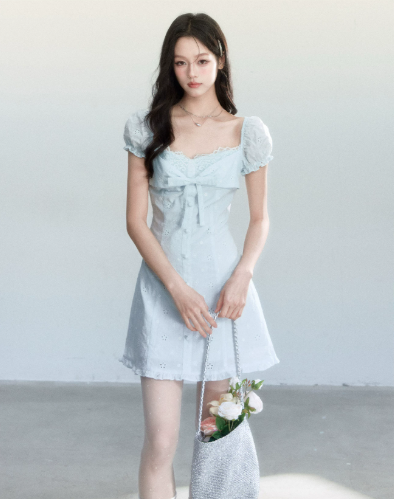 Light Blue Eyelet Embroidery Mini Dress Women With Lace Trim And Bow Detail R9405