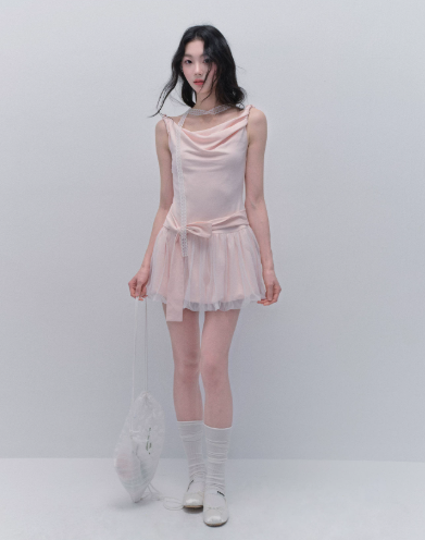 Pink Off The Shoulder Mini Dress Women With Lace Choker And Tulle Skirt R9443