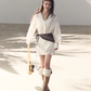 Western Style Off-White Eyelet Embroidered Shirt Dress with Waist Tie R9363