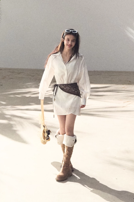 Western Style Off-White Eyelet Embroidered Shirt Dress with Waist Tie R9363