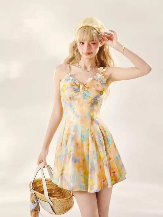 Sunny Yellow Sleeveless Floral Print A-Line Dress with Bow Detail R9232