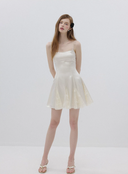 Cream White Satin Slip Mini Dress Women With Lace Inset Flounce Hem R9470