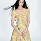 Yellow Plaid Floral Print Dress Women With Lace Ruffle Trim And Square Neck R9420