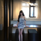 Navy blue printed one-shoulder waist slim hip skirt homecoming dress R5075