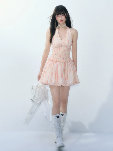 Y2K Style Light Pink Striped Halter Dress High Waist Slim Fit Party Dress R9353