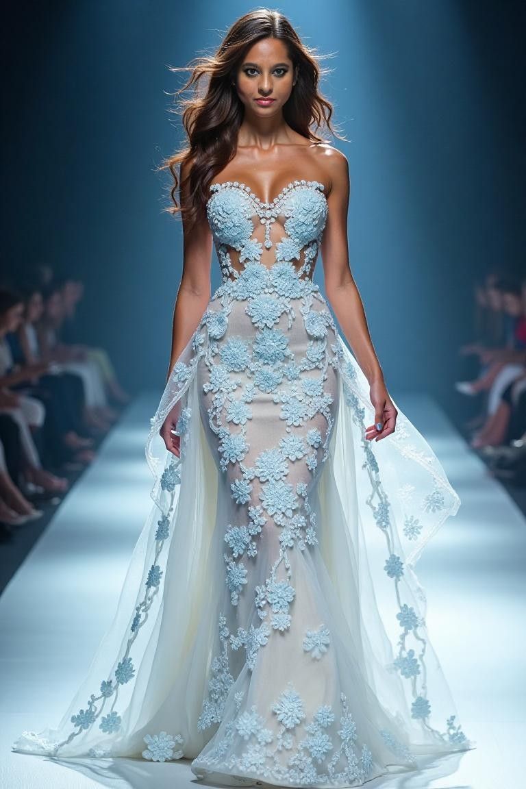 Blue tube top hollow embroidery waist slim hip long skirt, prom dress R5336