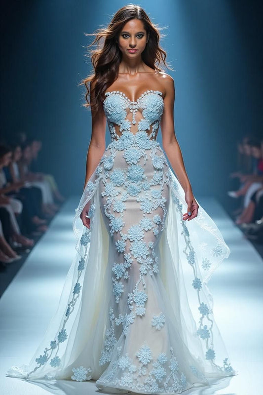 Blue tube top hollow embroidery waist slim hip long skirt, prom dress R5336