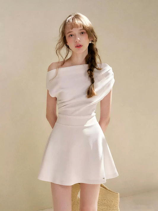 White Off-Shoulder Ruched A-Line Mini Dress with Back Bow R9238