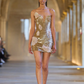 Gold tube top printed slim waist A-line short skirt homecoming dress R5366