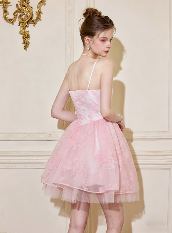 Corset Style Pink Floral Tulle Dress with Spaghetti Straps R9209