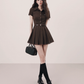 Arrival Preppy Style Brown Striped Shirt Dress with Belt and Pleated Skirt R9373
