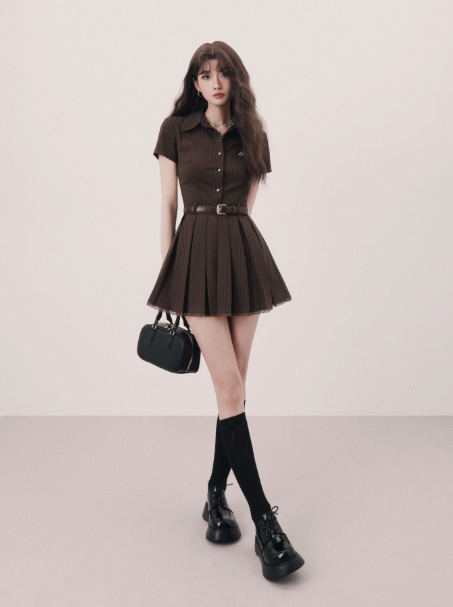 Arrival Preppy Style Brown Striped Shirt Dress with Belt and Pleated Skirt R9373