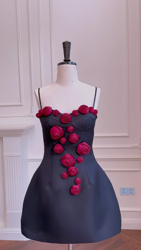 Black suspender skirt with red three-dimensional rose design, slim waist A-line skirt, homecoming dress R5035