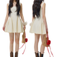 Cream White French Style Sleeveless Mini Dress, Square Neck High Waist Flare Skirt R9377