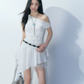 White Off-Shoulder Mini Dress Women Ruched Waist Asymmetrical Hem Dress R9354