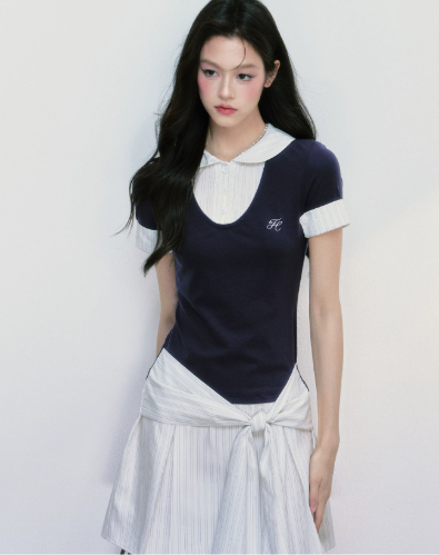 Preppy Style Faux Two Piece Mini Dress Women With Peter Pan Collar And Knotted Waist R9425