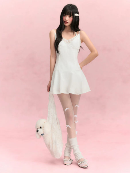 White Halter Mini Dress with Lace V-Neck, Beaded Straps, Smocked Back and Flared Skirt R9254