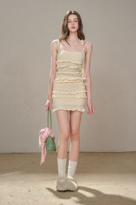 Soft Knit Cream White Dress with Tiered Ruffle Hem, Floral Detail and Form-Fitting Silhouette R9270