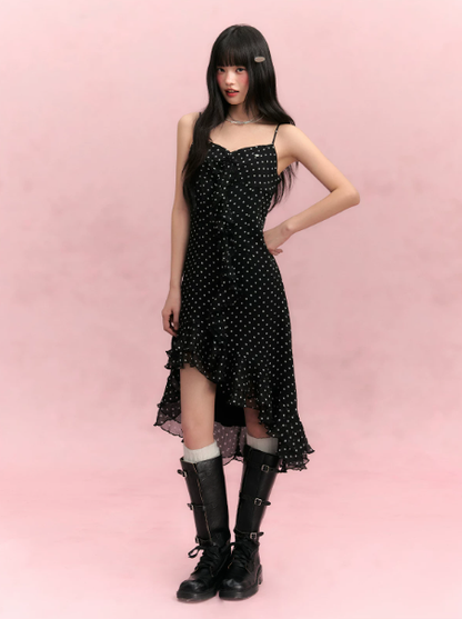 Black Polka Dot Slip Dress with Sweetheart Neck, Ruffled Trim, Asymmetric Hem R9255