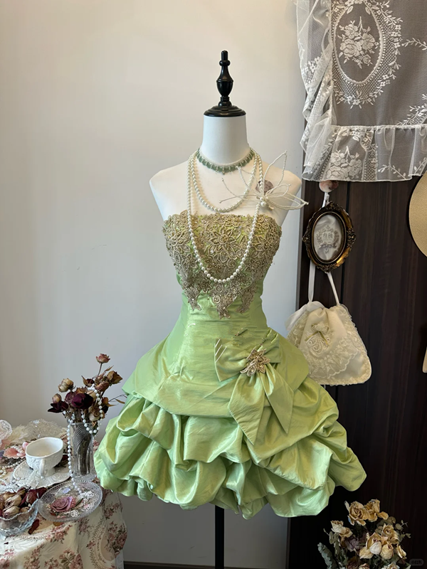 Green tube top slim waist flower bud skirt short skirt homecoming dress R4264