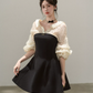 Women's Black & Beige Polka Dot Mini Dress, Puff Sleeve Collared A-Line Dress R9335