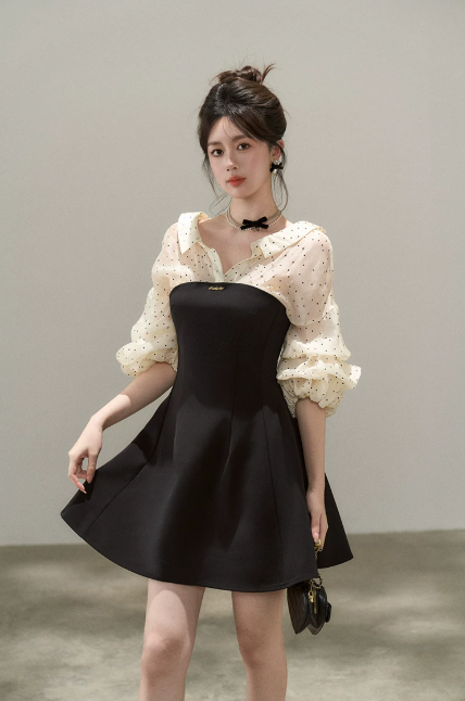 Women's Black & Beige Polka Dot Mini Dress, Puff Sleeve Collared A-Line Dress R9335
