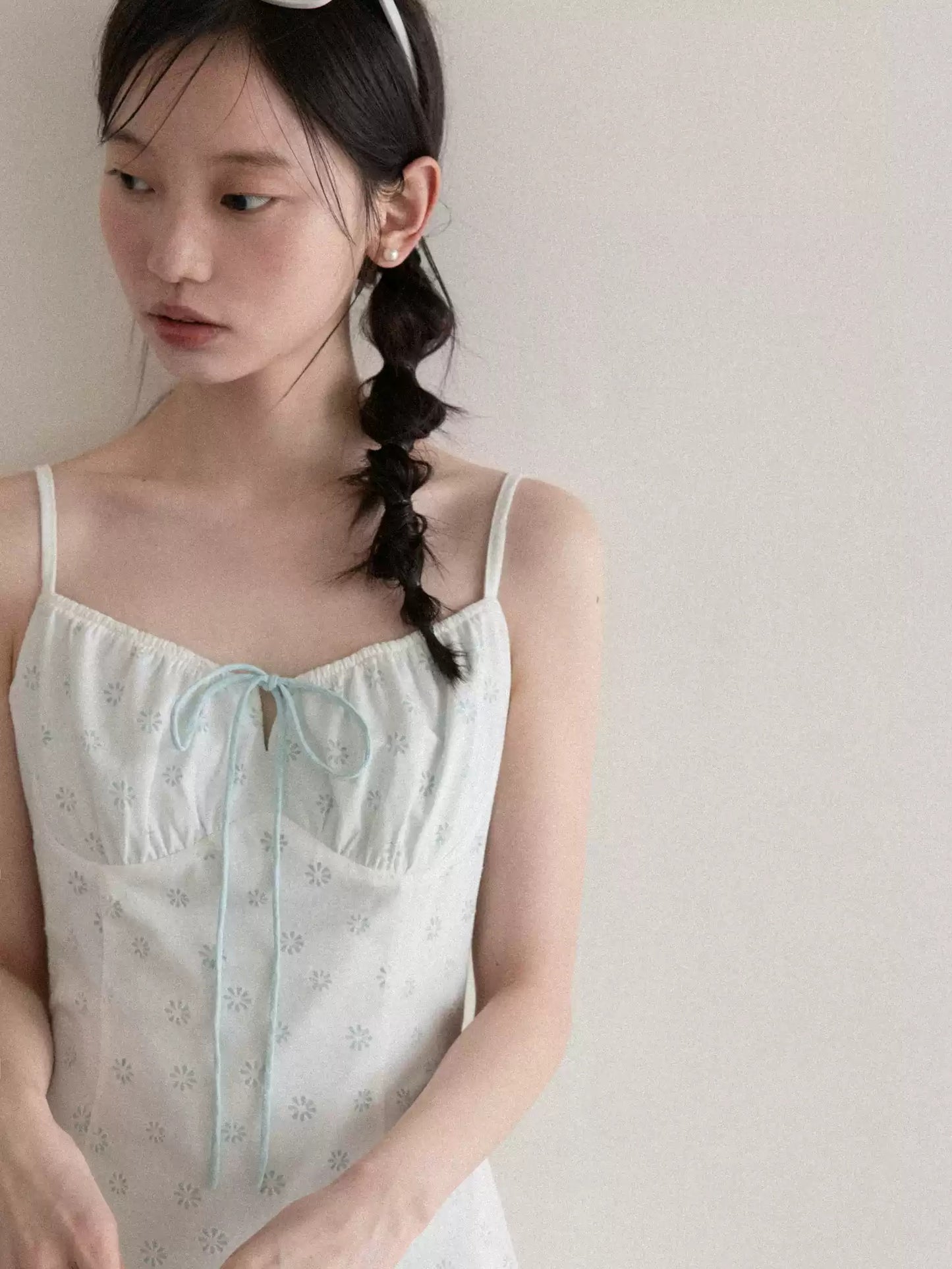 White Floral Cami Dress with Light Blue Tie Front and Elastic Waist R9176