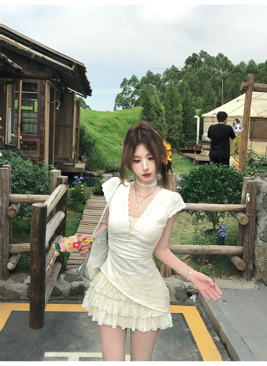 White Eyelet Embroidery Tiered Lace Mini Dress R9236