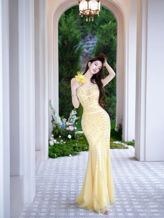 Yellow Spaghetti Strap Waist-Cinched Fitted Mermaid Hem Prom Dress R7085