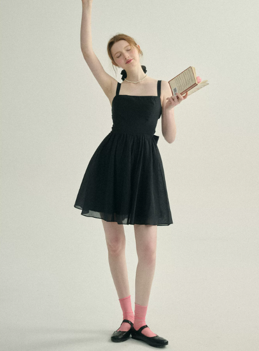 Black Cami Mini Dress Women With Back Bow Detail And Open Back R9475