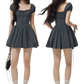 Grey French-Style Puff Sleeve Mini Dress, Square Neck High Waist A-Line Sundress R9378