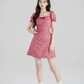 Sweet Dusty Pink Ruched Mini Dress, Women's Puff Sleeve Sweetheart Neck with Bow Detail Dress R9334