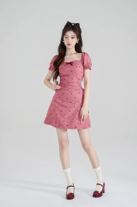 Sweet Dusty Pink Ruched Mini Dress, Women's Puff Sleeve Sweetheart Neck with Bow Detail Dress R9334