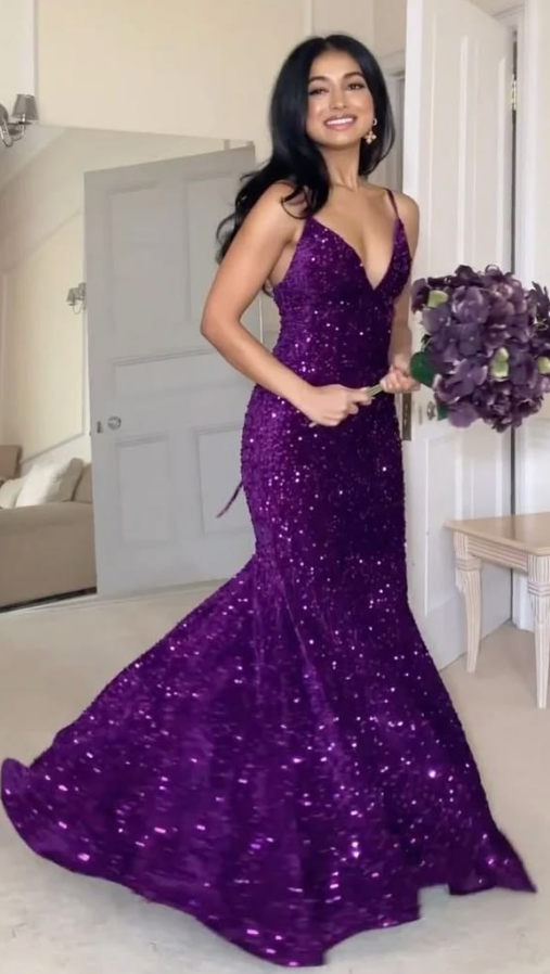 Sparkly Mermaid Sexy Prom Gown , Deep Purple Women's Maxi Evening Dress Ball Gown RS2695