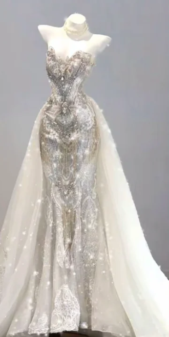 Apricot strapless rhinestone-embellished fitted mermaid ball gown R6446