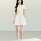 Fitted Polka Dot Flounce Dress with Neck Ribbon and Button Accents R9218