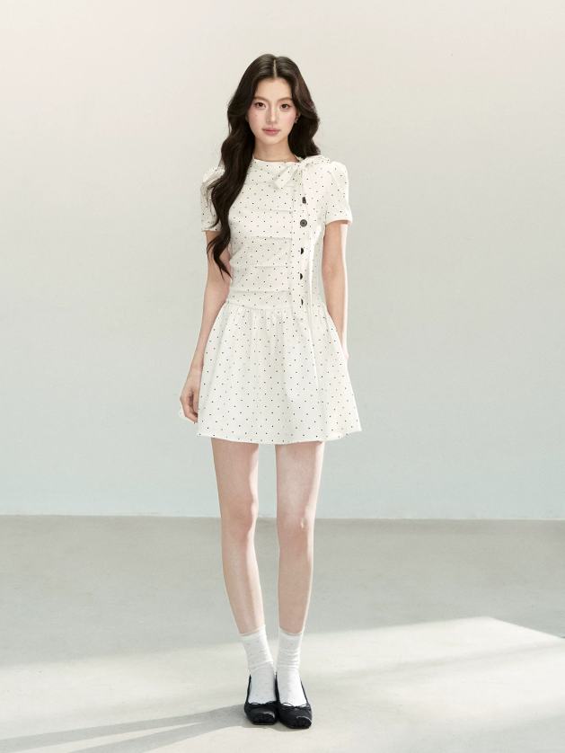 Fitted Polka Dot Flounce Dress with Neck Ribbon and Button Accents R9218