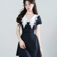 Navy A-Line Dress, Women's Short Sleeve with White Lace Collar and Waist Ruched Mini Dress R9341