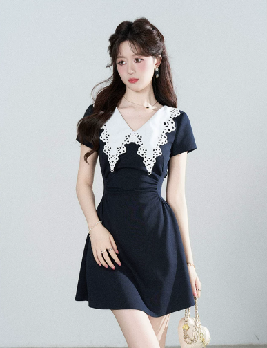 Navy A-Line Dress, Women's Short Sleeve with White Lace Collar and Waist Ruched Mini Dress R9341