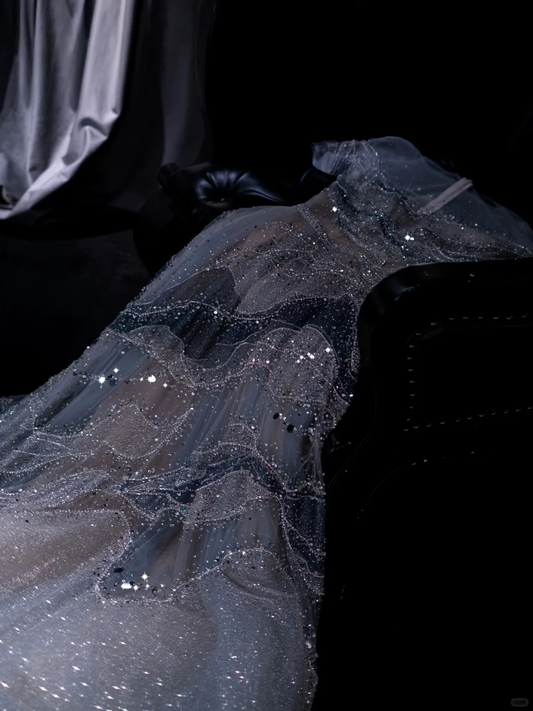 Light blue round neck fitted waist long elegant ball gown R8822