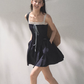 Navy Blue Lace Trim Cami Mini Dress Women Tie Front A-Line Dress R9360