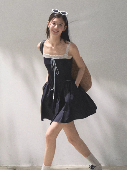 Navy Blue Lace Trim Cami Mini Dress Women Tie Front A-Line Dress R9360