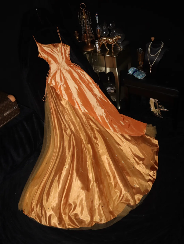 Orange satin halter-neck fitted long ball gown R6845